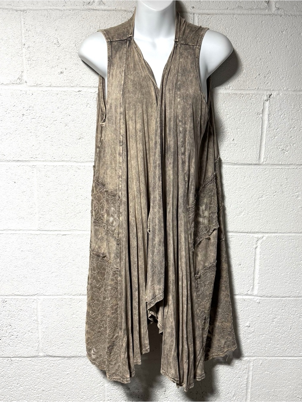 T Party Acid Mineral Wash Longline Duster L Boho Lagenlook Lace Patchwork
